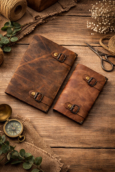 LAYDA 100% Genuine Leather Vintage Notebook / Notebook Double Set Light Brown...