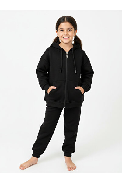 Giyinse طقم أكتيف زيب للفتيات باللون الأسود