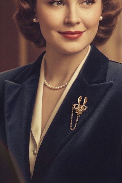 model aksesuar Tavşan Gözlük Zincir Detaylı Taşlı Gold Broş