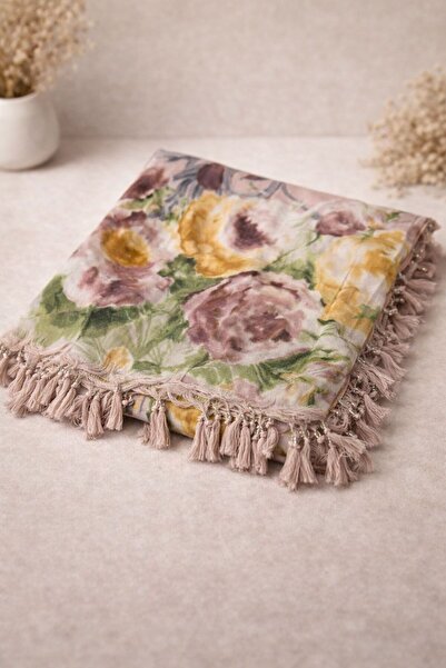 Store Çiçek Desenli Püsküllü Eşarp Yazma