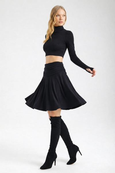 By Yaren Yazıcı Fusta neagră pentru femei, cu talie elegantă, cu detaliu drap...