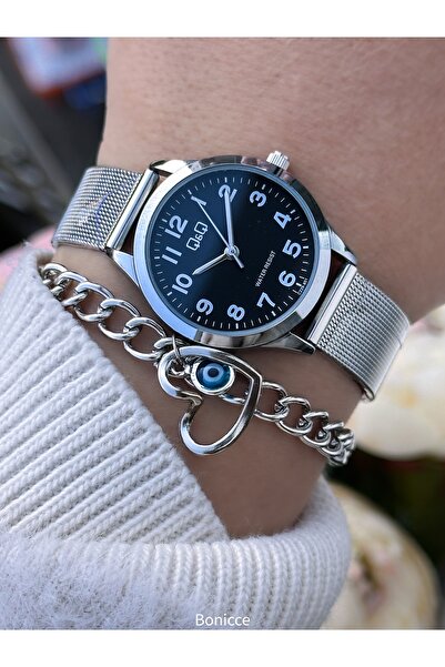 Q&Q Brand Steel Band, Silver Color Numerals Women's Wrist Watch + Bracelet