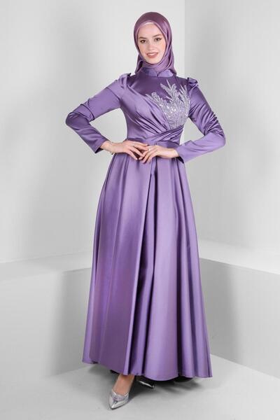 Alvina PUL İŞLEMELİ PİLİSELİ SATEN ABİYE ELBİSE 50354