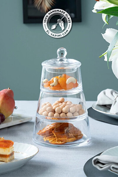 Glamis Selen Concept Piramit Model 3 Katlı El Yapımı Cam Kurabiyelik