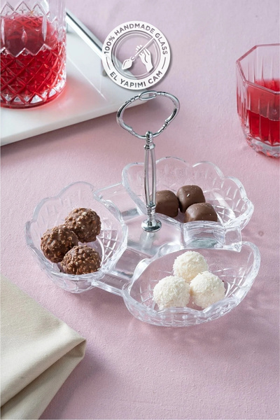 Glamis Selen Concept Kafes Model 3 Bölmeli Metal Saplı El Yapımı Cam Çerezlik