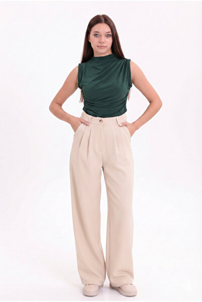 H&A İSTANBUL Kadın Bej Pileli Kumaş yüksek bel Palazzo Pantolon