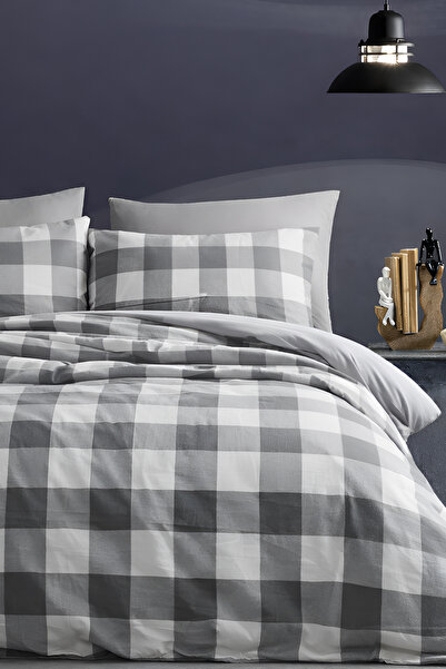 İQON طقم غطاء لحاف ملاءات جاهزة مفرد من القماش القطني الكبير باللون الرمادي