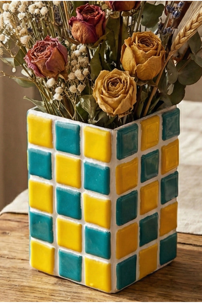 Tasarım El Yapımı Mozaik Seramik Vazo – Renkli Geometrik Desenli Vazo