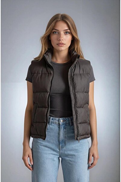 Madmext Καφέ ψηλός λαιμός Γυναικείο φουσκωτό γιλέκο με επένδυση MG2592