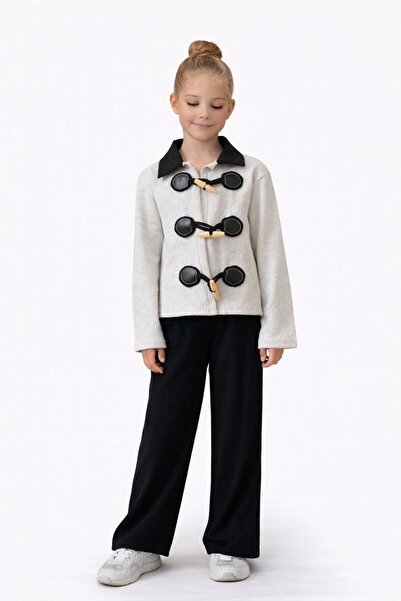 RAPAPA سترة تريكو رمادية اللون مع بنطلون أسود مضلع طقم بناتي 6008