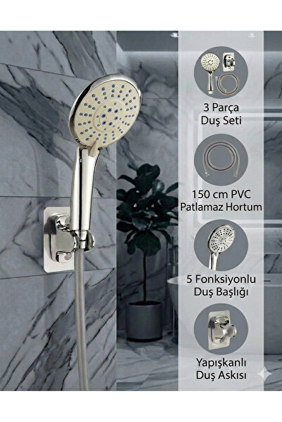 Plodna House Elvis 3’lü Yüksek Basınçlı 5 Fonksiyonlu Duş Seti | PVC Hortumlu...