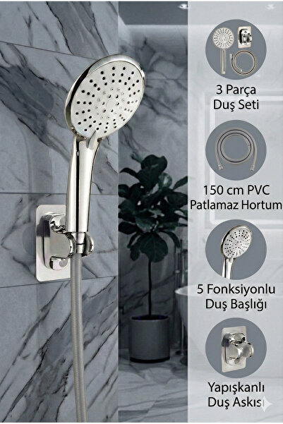 Plodna House 5 Fonksiyonlu Büyük Boy Krom Duş Başlığı 150cm PVC Hortumlu Yapı...