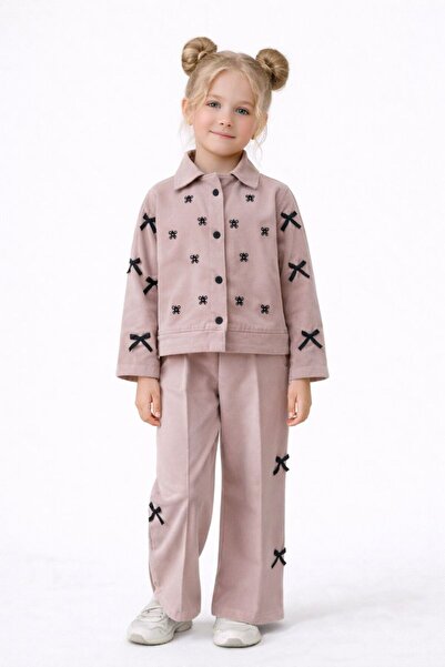 RAPAPA Set dublu pentru fetiță cu fundă din trandafir uscat – Top cu mânecă l...