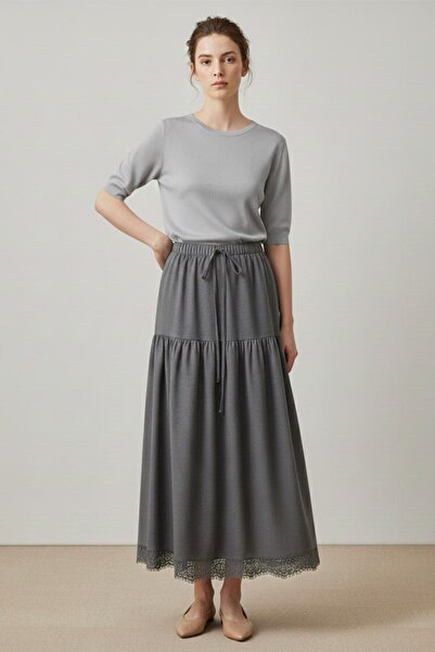 Puane Women's Anthracite Colored Skirt with Lace Detail on the Bottom and Ela...