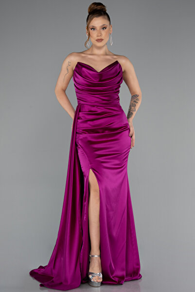 Abiyefon Fuşya Kedi Kulağı Straplez Yırtmaçlı Uzun Saten Abiye ABU4841