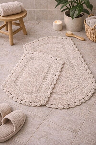 HilyMily NAU %100 Pamuklu,El Dokuması 2’li BANYO PASPASI SETİ 60x90+40x60 Bej...