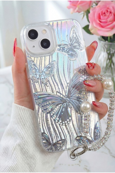Fibaks iPhone 13/14/15 Kılıf Hologramlı Charm Askılı Hologram Kelebek Tasarım...