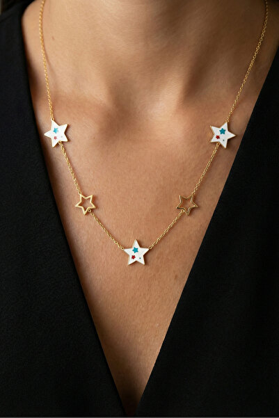 Modacaprea قلادة نجمة بيضاء مطلية بالمينا من الفولاذ عيار 22 قيراط 45 سم |   ...