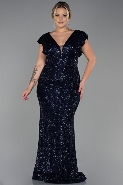 Abiyefon Kadın Lacivert Pullu Büyük Beden Balık Abiye Elbise Abu1045