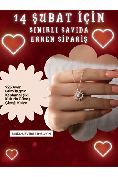 SUNSHINE 925 Ayar Gümüş,gold Kaplama Işıklı Kutuda Güneş Çiçeği Kolye