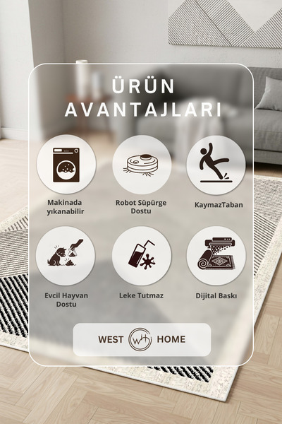West Home Makinede yıkanabilir kaymaz taban leke tutmaz bej mutfak halısı salon halısı ve yolluk