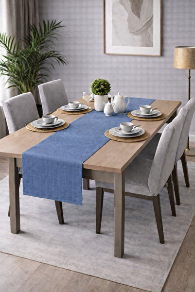 PerdeYap1980 Runner din catifea cu textura deschisă, culoare indigo, seria Ad...