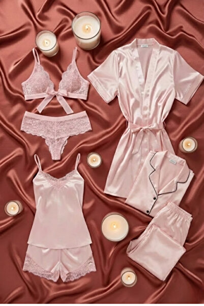 ZENCHES Kadın Saten 7’li Çeyiz Seti Pembe-Pijama Takımı,Şortlu Gecelik Takım,...