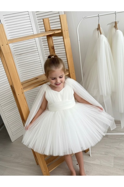 Asel Kids Rochie cu mâneci pelerina din tul alb pentru fete