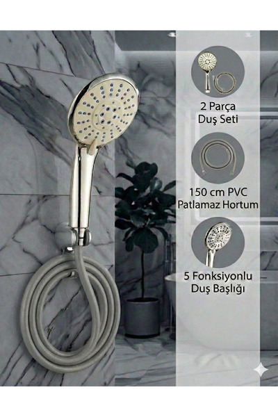 Plodna House Elvis 5 Fonksiyonlu Tazyikli Duş Başlığı ve Dolanmaz PVC Duş Hor...