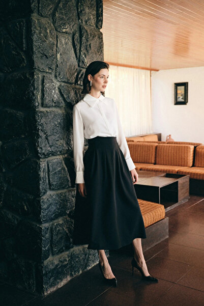 Sateen Plisovaná midi sukně - černá