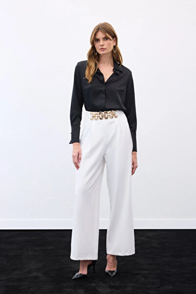 Sateen Belted Casual Trousers - Ecru
