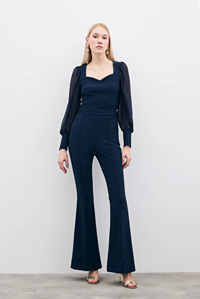 Sateen Spanish Leg Trousers - Navy
