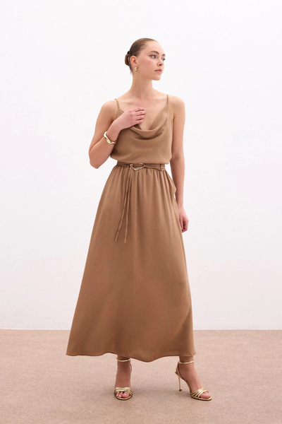 Sateen Belted Long Skirt - Khaki
