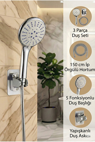 Plodna House Elvis 3’lü Yüksek Basınçlı 5 Fonksiyonlu Duş Seti | İp Örgülü Ho...