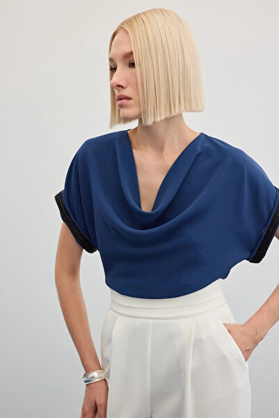 Sateen Bluză casual cu mâneci cu detalii în piatră - Indigo