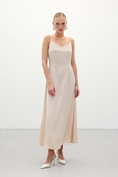 Sateen Long Satin Dress with Straps - Beige