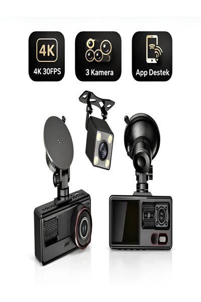 DEANB Araç İçi Kamera 4K 30FPS DVR 3 Kameralı LCD Ekranlı Gece Görüşlü Araba ...