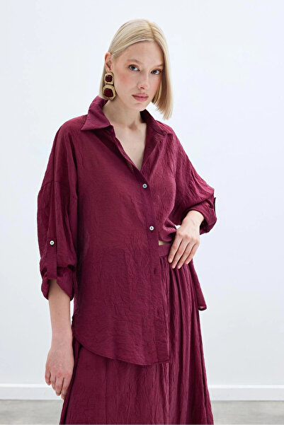 Sateen Casual Shirt with Sleeve Detail - Claret Red