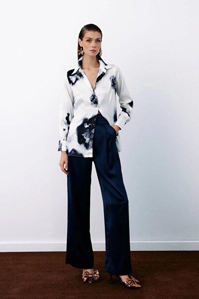 Sateen Navy Blue Patterned Large Classic Shirt