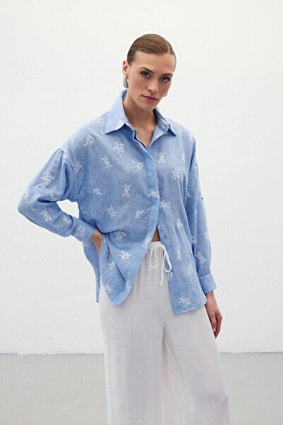 Sateen Salaş Nakışlı Gömlek - Bebe Mavi