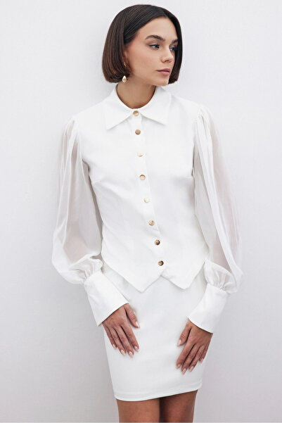 Sateen Cămașă cu mâneci din șifon - Ecru