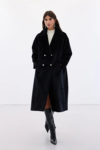 Sateen Button Detailed Long Coat - Black