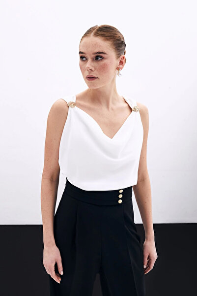 Sateen Ecru Degaje Collar Blouse