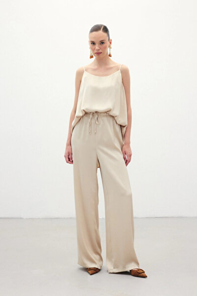 Sateen Lace-Up Casual Trousers - Beige