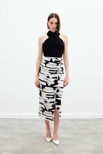 Sateen Λινό Μολύβι Φούστα με σχέδιο - Μαύρο