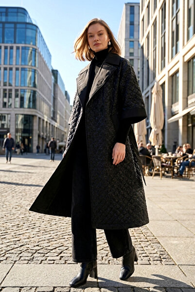 Nuss Belt and Detachable Knitted Sleeve Detail Cap Jacket 6014 Black