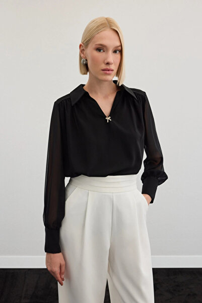 Sateen Bluză casual cu accesorii - neagră