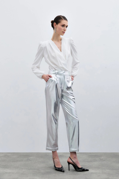 Sateen High Waist Shiny Trousers - Silver