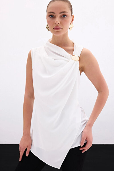 Sateen Ecru One Shoulder Accessory Blouse