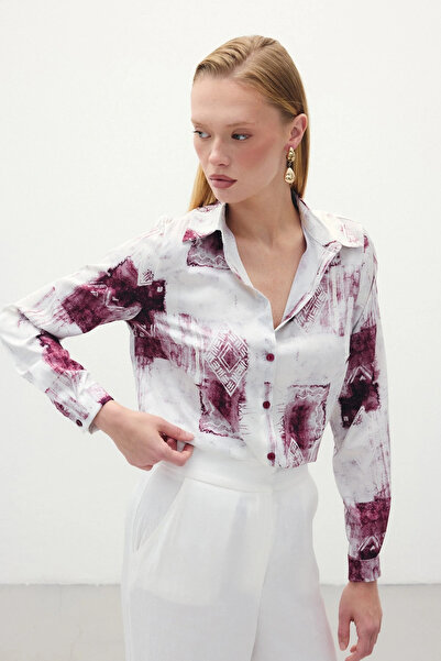 Sateen Cămașă Clasică cu Motiv - Roșu Claret